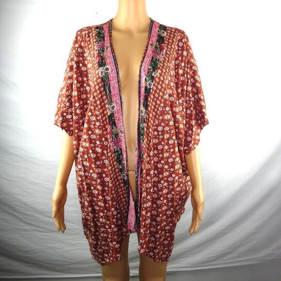 Angie Boho Open Front Rust Brown Orange Kimono Robe Batwing Sleeve Large Floral - Picture 1 of 9